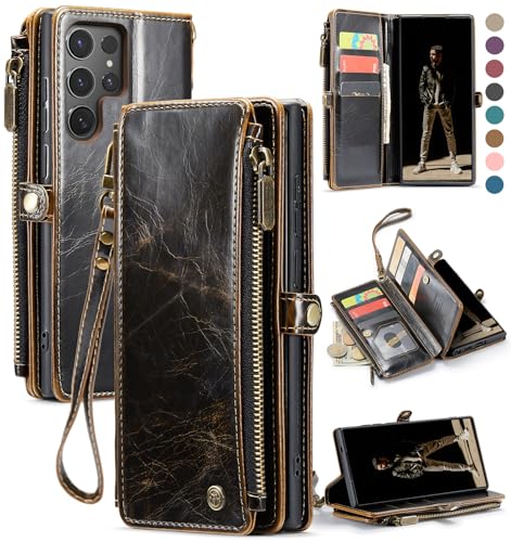 Defencase for Samsung Galaxy S25 Ultra Wallet Case with Card Holder, Coffee | with RFID Blocking Zipper Pocket, Durable PU Leather, Wrist Strap, S25 Ultra Flip Phone Cases Cover with Stand for Women Men - color: Coffee