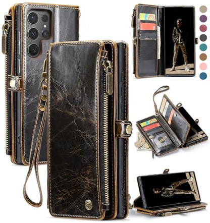 Defencase for Samsung Galaxy S25 Ultra Wallet Case with Card Holder, Coffee | with RFID Blocking Zipper Pocket, Durable PU Leather, Wrist Strap, S25 Ultra Flip Phone Cases Cover with Stand for Women Men - color: Coffee