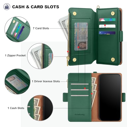 Antsturdy for iPhone 17 Phone Wallet Case Women,Green | RFID Blocking,with Credit Card Holder Slots,PU Leather Purse,Zipper Pocket,Wrist Strap Kickstand,Flip Folio Cover for Men - color: Green
