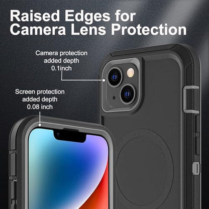 YKHJKLEC for iPhone 13/iPhone 14 Case, Compatible with Magsafe, 3 in 1 Heavy Duty Shockproof/Drop Proof/Dust Proof Case with 2Pcs Tempered Glass Screen Protector (New-Black/Grey) - color: New-Black/Grey