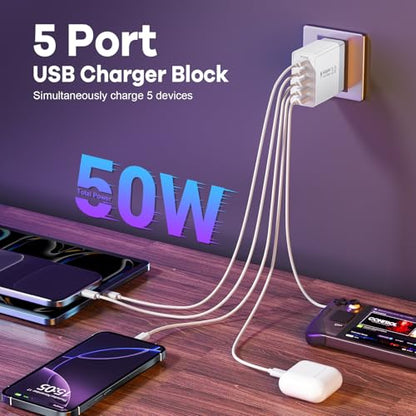 2Pack 5-Port USB C Charger Block, 50W Fast Charging Blocks 3 USB-A+2 USBC - color: White (3A+2C)