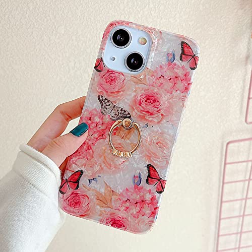 Qokey for iPhone 13/14 Case 6.1 inch,Flower Design Cute Clear for Women Girls with 360 Degree Rotating Ring Kickstand Soft TPU Shockproof Cover Rose Butterfly - color: Rose