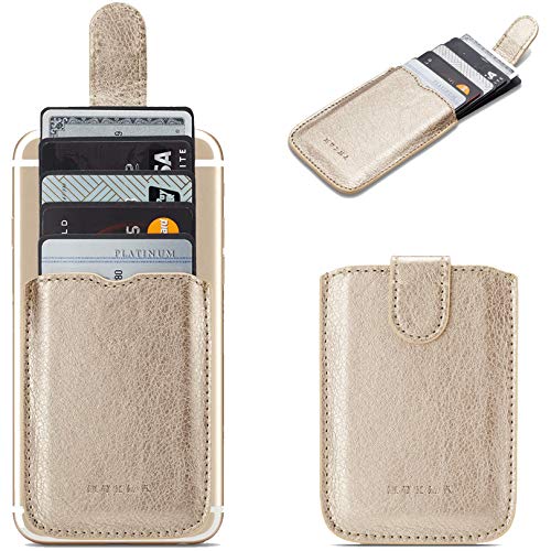 Phone Card Holder RFID Sleeve, PU Leather Stick-On Pull 5 Card Phone Wallet - color: Gold