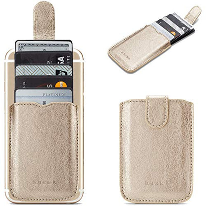 Phone Card Holder RFID Sleeve, PU Leather Stick-On Pull 5 Card Phone Wallet - color: Gold