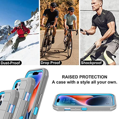 for iPhone 14 Case with 2 Screen Protector,Full Body Shockproof Drop Protection Dust Proof Heavy Duty 3-Layer Rugged Durable Military Grade Cover for Apple iPhone 14 6.1" (Gray/BlueⅡ) - color: Gray/BlueⅡ
