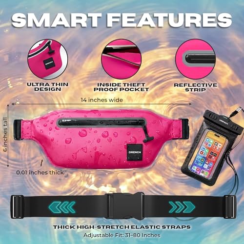 Drench Waterproof Fanny Pack & Floating Phone Pouch | IPX8 Submersible Waist Pack Dry Bag for Beach, Pool, Cruise Travel, Girls Trips, Snorkeling, Kayaking & Water Sports | Pink - color: Hot Pink