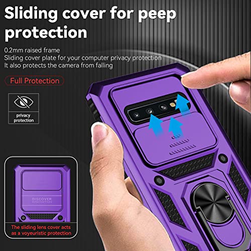 for Samsung Galaxy S10 Plus Case with Camera Lens Cover HD Screen Protector, Military-Grade Drop Tested Magnetic Ring Holder Kickstand Protective Phone Case for Samsung Galaxy S10+ Plus (Purple) - color: Purple with camera cover Military-Grade 2nd gen