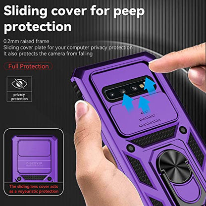for Samsung Galaxy S10 Plus Case with Camera Lens Cover HD Screen Protector, Military-Grade Drop Tested Magnetic Ring Holder Kickstand Protective Phone Case for Samsung Galaxy S10+ Plus (Purple) - color: Purple with camera cover Military-Grade 2nd gen