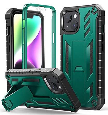 FNTCASE for iPhone 14 Plus Case, Built-in Screen Protector, Kickstand Green | 20FT Military-Grade Drop Protection, Anti-Slip Matte Textured, Rugged Heavy Duty Shockproof TPU Protective Cover - color: Green