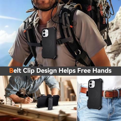 for iPhone 16 Case with Belt Clip Holster, Compatible with Magsafe, Black | Military Grade Drop Protection, 2 Layers of Sturdy, Heavy Duty Shockproof Cover for iPhone 16 Case Rugged - color: Black