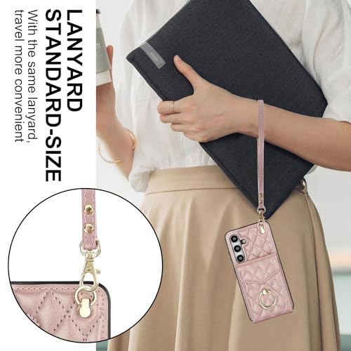 Asuwish Phone Case for Samsung Galaxy S24 5G Wallet Cover with Tempered Glass Screen Protector and Crossbody Wrist Strap Ring Stand RFID Blocking Card Holder Cell S 24 24S G5 Women Men Girls Rose Gold - color: Rose Gold