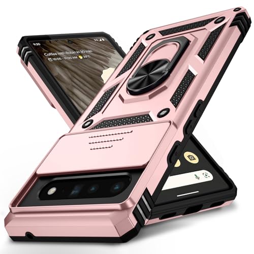 Vinve for Google Pixel 6 Pro Case with Slide Lens Cover, Military Grade Drop Protection, Magnetic Rotated Ring Holder Kickstand Phone Case (Rose Gold) - color: Rose Gold