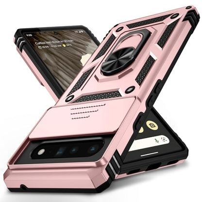 Vinve for Google Pixel 6 Pro Case with Slide Lens Cover, Military Grade Drop Protection, Magnetic Rotated Ring Holder Kickstand Phone Case (Rose Gold) - color: Rose Gold