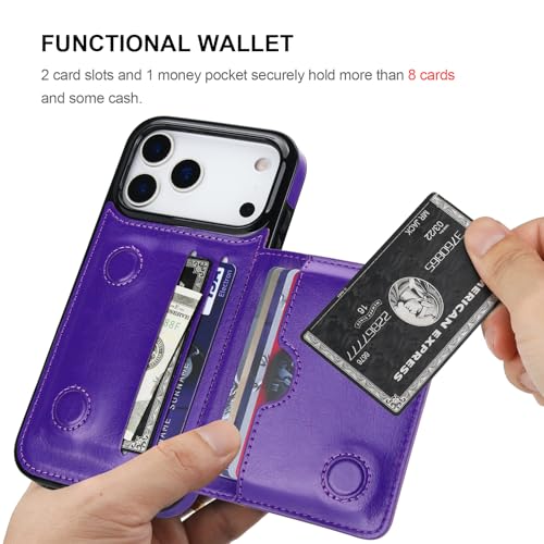 KIHUWEY Compatible with iPhone 17 Pro Max Wallet Case Credit Card Holder, Premium Leather Kickstand Flip Hidden Magnetic Clasp Durable Shockproof Protective Cover for 6.9 inch (Purple) - color: Purple