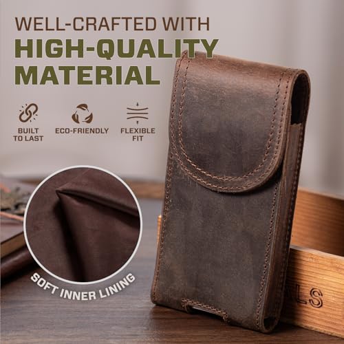 Top Grain Leather Cell Phone Holster Belt Pouch Case with Belt Clip - color: Coffee