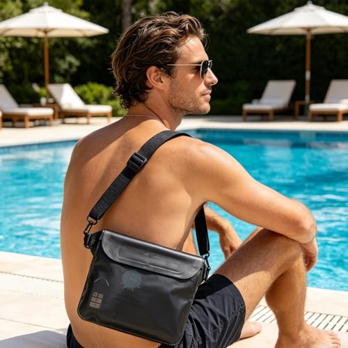 Waterproof Phone Bag, 3 Layer Sealed Submersible Pouch Touchscreen Swimming Case Adjustable Crossbody Waist Pack - color: Black