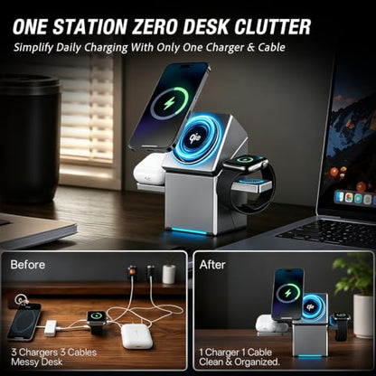 3-in-1 Wireless Charging Station, Soft LED Indicator, Multiple Protection, 15W Auto-Rotating Wireless Charger for iPhone 17,16,15,14,13,12 Series, Apple Watch, AirPods