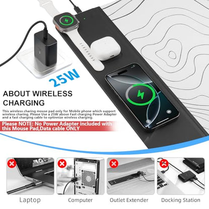 VOVIPO 3 in 1 Wireless Charging Mouse Pad, Desk Mat with Wireless Charger Multiple Devices Compitable with Watch/iPhone, White Topographic Large Desk Mat(90 x 40cm) for MacBook, PC, Laptop - color: White Topographic