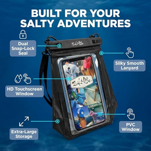 Salt Life Large Waterproof Phone Pouch Bag – IPX8 100% Waterproof Protection, Extra Storage Phone Dry Bag with Touchscreen Clear Window, Secure Seal Closure & Lanyard for Beach & Water Sports - color: Black