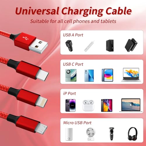 3 in 1 Multi Charging Cable 2 Pack 4FT Red Braided Nylon USB Cable
