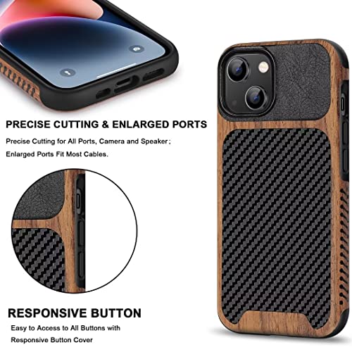 TENDLIN Magnetic Case Compatible with iPhone 14 Case Wood Grain with Carbon Fiber Texture Design Leather Hybrid Slim Cover (Compatible with MagSafe) Black - color: Magnetic Black, size: iPhone 14