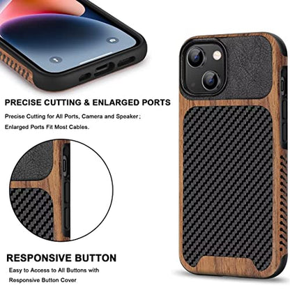 TENDLIN Magnetic Case Compatible with iPhone 14 Case Wood Grain with Carbon Fiber Texture Design Leather Hybrid Slim Cover (Compatible with MagSafe) Black - color: Magnetic Black, size: iPhone 14