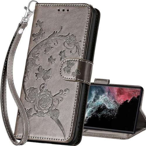 for Samsung Galaxy S23 Ultra Wallet case, Gray Flower | 3 Card Holders, Kickstand, Shockproof TPU Shell, PU Leather, Magnetic Closure, Protective Flip Folio Cover, Women - color: 9