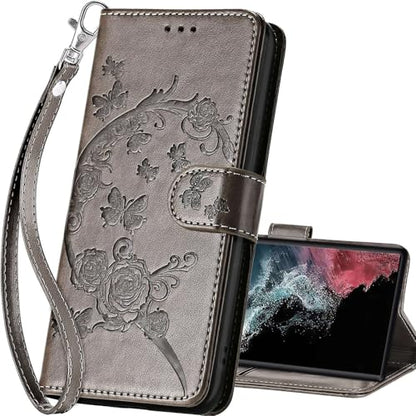 for Samsung Galaxy S23 Ultra Wallet case, Gray Flower | 3 Card Holders, Kickstand, Shockproof TPU Shell, PU Leather, Magnetic Closure, Protective Flip Folio Cover, Women - color: 9