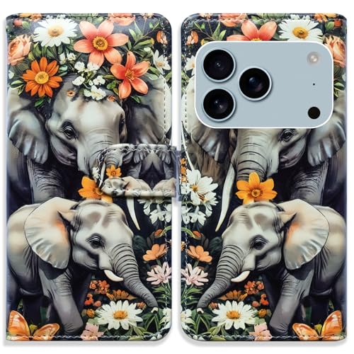 Bcov Case for iPhone 17 Pro,Elephant Mother Baby Flowers Leather Flip Phone Case Wallet Cover with Card Slot Holder Kickstand for iPhone 17 Pro - color: Elephant Mother Baby Flowers