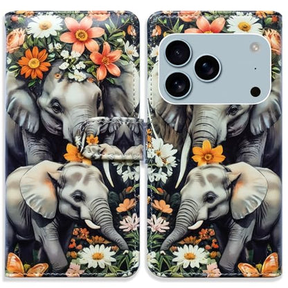 Bcov Case for iPhone 17 Pro,Elephant Mother Baby Flowers Leather Flip Phone Case Wallet Cover with Card Slot Holder Kickstand for iPhone 17 Pro - color: Elephant Mother Baby Flowers
