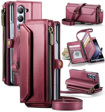 Strapurs Crossbody Wallet Case Compatible with Samsung Galaxy Z Fold 5 with RFID Blocking Card Holder & Pen Holder Slot Soft PU Leather Shoulder Strap Zipper Pocket Purse Fold 5 Phone Case, Wine Red | RFID Blocking 5-Card Holder, Shoulder Lanyard, Wirst S