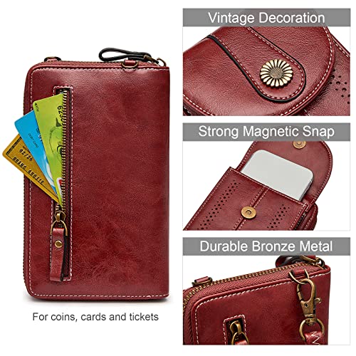 S-ZONE Women RFID Blocking Crossbody Cell Phone Purse PU Leather Wallet | Card Slots, Anti-theft, Multi Pockets, Detachable Adjustable Strap, Small, Travel Eveyday Shopping Outing - color: Red