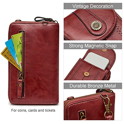 S-ZONE Women RFID Blocking Crossbody Cell Phone Purse PU Leather Wallet | Card Slots, Anti-theft, Multi Pockets, Detachable Adjustable Strap, Small, Travel Eveyday Shopping Outing - color: Red