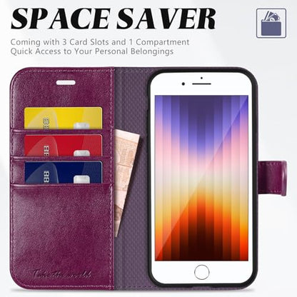 TUCCH Wallet Case for iPhone SE 2022/SE 2020/iPhone 8/7 (4.7"), Plum Purple | 3 Card Holders, Kickstand, PU Leather, Shockproof TPU Shell, Magnetic Closure, Protective Folio Cover - color: Plum Purple