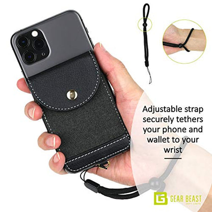 Cell Phone Wallet for Back of Phone with Wrist Strap, Stick On Wallet Credit Card ID Holder with RFID Protection Compatible with iPhone, Galaxy & Most Smartphones and Cases - color: Charcoal Gray