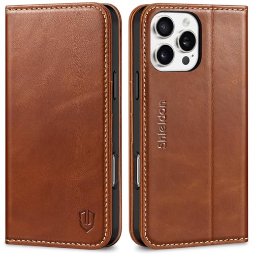 SHIELDON Real Leather Case Wallet for iPhone 16 Pro Max 6.9", Retro Brown | Flip Magnetic Cover, RFID Blocking, Credit Card Holder, Kickstand, Book Design, Shock-Absorbent Phone Cover - color: Retro Brown