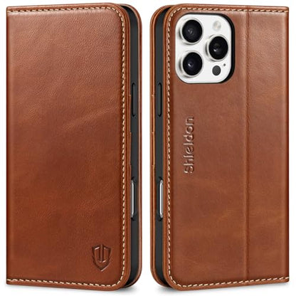SHIELDON Real Leather Case Wallet for iPhone 16 Pro Max 6.9", Retro Brown | Flip Magnetic Cover, RFID Blocking, Credit Card Holder, Kickstand, Book Design, Shock-Absorbent Phone Cover - color: Retro Brown