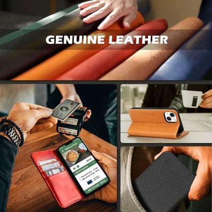 SHIELDON Genuine Leather Wallet Case for iPhone 14 6.1" 2022, Retro Red | RFID Blocking, Credit Card Holder, Magnetic Closure, Kickstand, Folio Design, Shockproof Phone Cover - color: Red - Retro