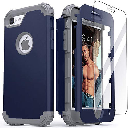 IDweel for iPhone 8 Case with Tempered Glass Screen Protector, for iPhone 7 Case, 3 in 1 Shockproof Slim Hybrid Heavy Duty Hard PC Cover Soft Silicone Bumper Full Body Case, Blue - color: Blue
