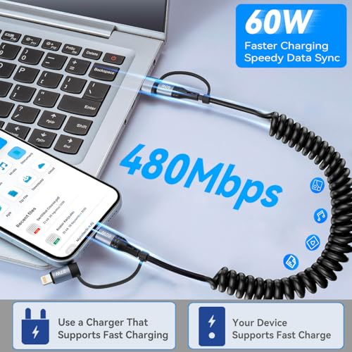 60W Coiled USB C Cable Fast Charging,[2Pack 4FT] 4 in 1 Charging Cable