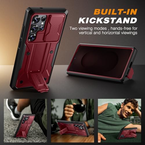 TONGATE for Samsung Galaxy S24 Ultra Case, 2 Front Frames & Stand, Maroon | Built-in Slide Camera Cover & Screen Protector, Military Grade Shockproof S24 Ultra Phone Case with Kickstand & Belt-Clip - color: Maroon