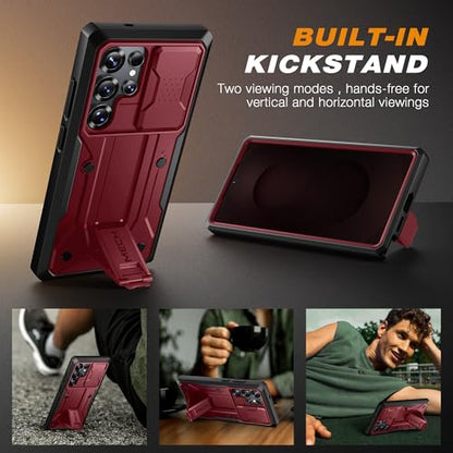 TONGATE for Samsung Galaxy S24 Ultra Case, 2 Front Frames & Stand, Maroon | Built-in Slide Camera Cover & Screen Protector, Military Grade Shockproof S24 Ultra Phone Case with Kickstand & Belt-Clip - color: Maroon