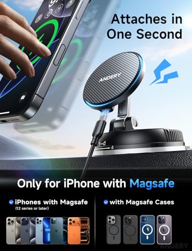 ANDERY Only for iPhone Magsafe Car Mount Charger [15W Fast Wireless Charge, 78+LBS Strong Suction & 2400gf Magnetic] 360° Adjustable Car Phone Holder, Phone Holders for Your Car Dash Accents Accessory
