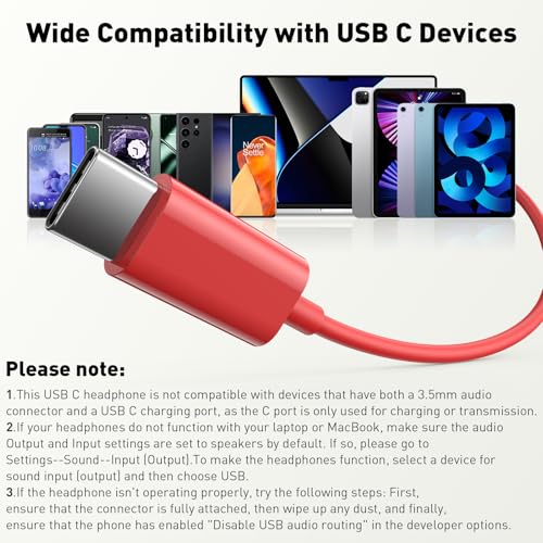 USB C Headphones Magnetic Wired Earbuds with Mic for Apple/Samsung Android - color: Red
