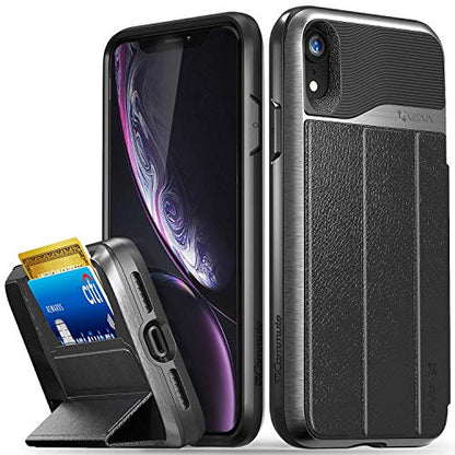 VENA iPhone XR Wallet Case, vCommute (Military Grade Drop Protection) Flip Leather Cover Card Slot Holder with Kickstand, Designed for Apple iPhone XR - Space Gray - color: Black, size: iPhone XR