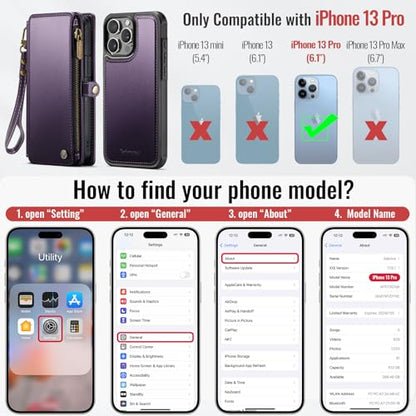 Defencase for iPhone 13 Pro Case Wallet Compatible with Magsafe, Purple | Drop-Proof Magnetic Detachable Phone Cases Cover, with RFID Bolcking Card Holder, Zipper Strap, PU Leather, Removable Wallet - color: (Detachable with Magsafe)-Purple