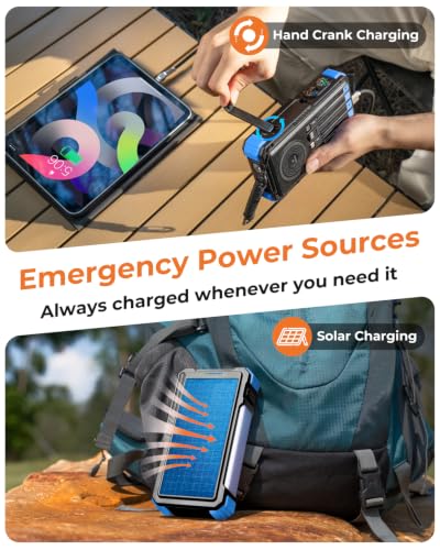 BLAVOR Solar Power Bank with Hand Crank and Built-in 4 Cables 20000mAh - color: Blue
