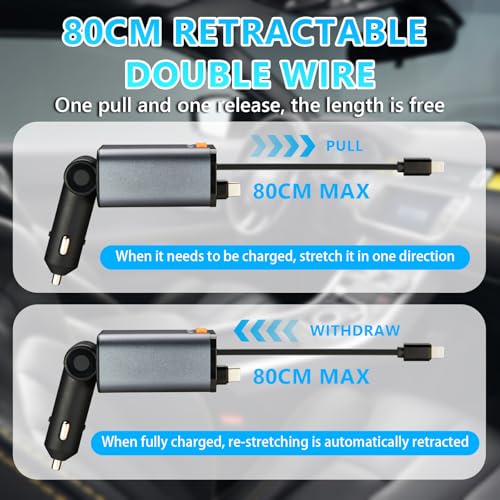Retractable Car Charger,5 in 1 Fast Cars Phone Charger 60w,Bluetooth 5.3 FM Transmitter Adapter,Handsfree Call,MP3 Player,2 Retractable Cables and USB Chargers, for Phone,Galaxy,Pixel (Black) - color: Black