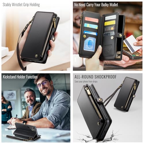 Defencase for Samsung Galaxy S25 Ultra Wallet Case with Card Holder, Black | with RFID Blocking Zipper Pocket, Durable PU Leather, Wrist Strap, S25 Ultra Flip Phone Cases Cover with Stand for Women Men - color: Black