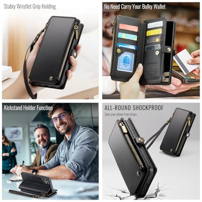 Defencase for Samsung Galaxy S25 Ultra Wallet Case with Card Holder, Black | with RFID Blocking Zipper Pocket, Durable PU Leather, Wrist Strap, S25 Ultra Flip Phone Cases Cover with Stand for Women Men - color: Black